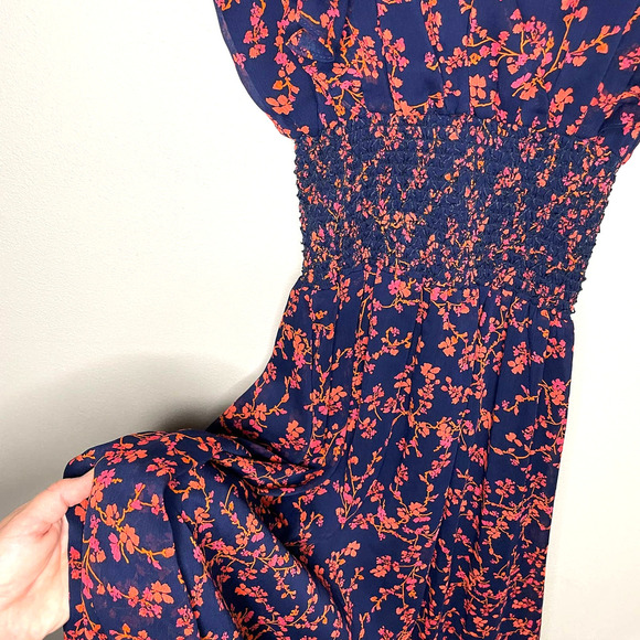 Slate & Willow Navy Smocked Waist Red Orange Printed Florals Dress Size XS - Picture 7 of 15